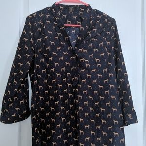 Navy blue long sleeve blouse with tan dogs print
